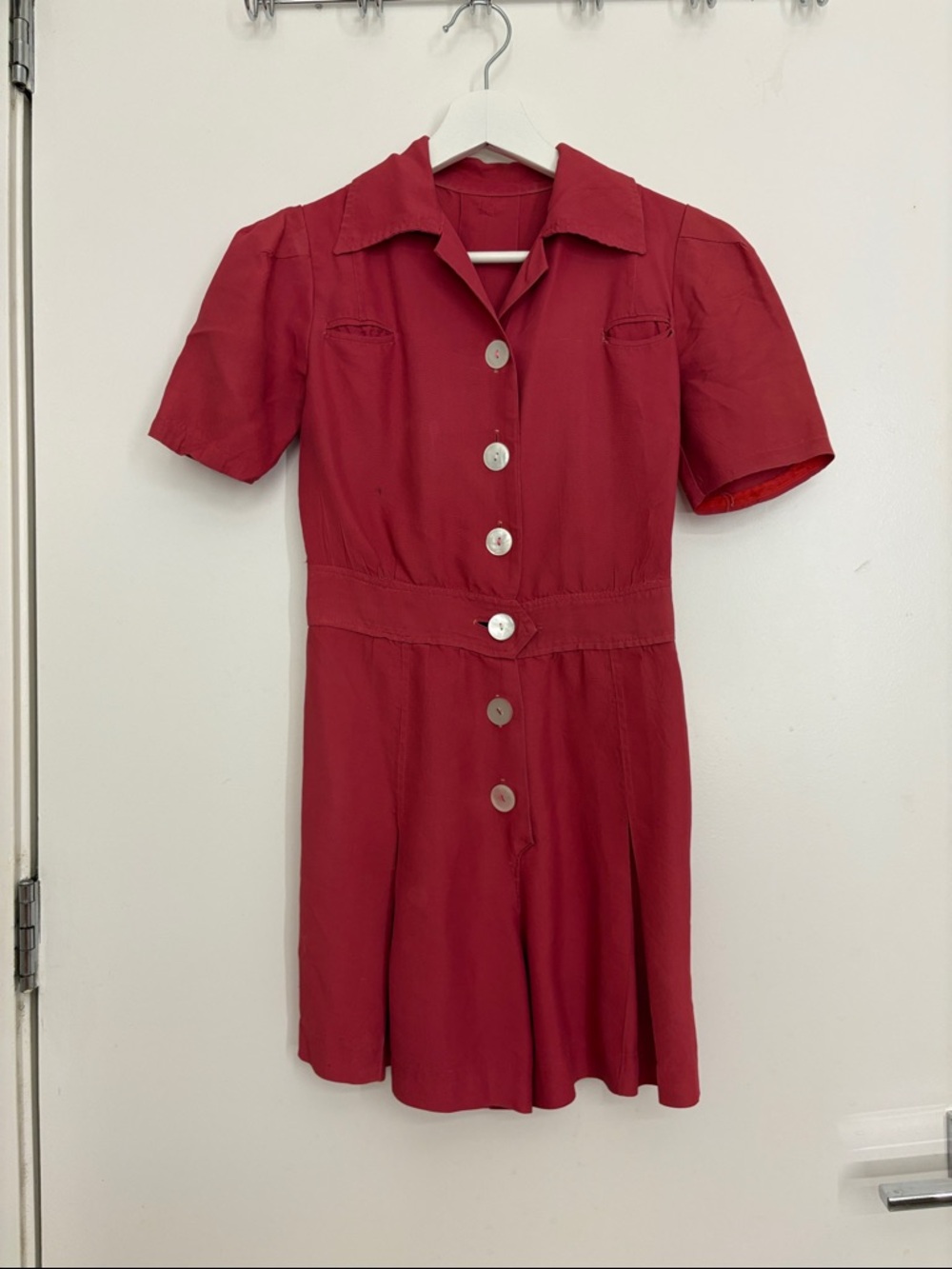 Vintage 1940s rare Raspberry Red Short-Sleeve Button Front Romper size xs